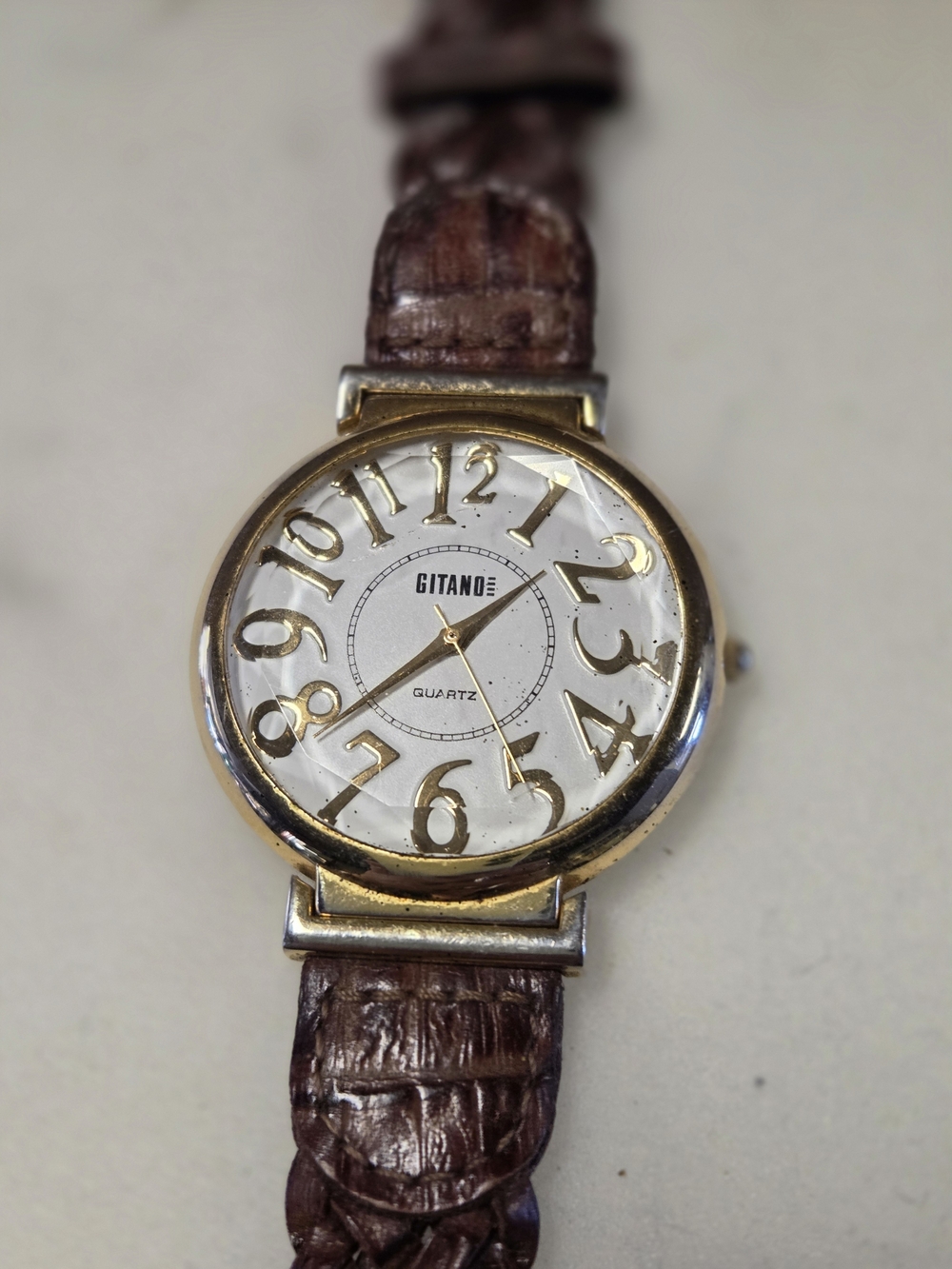Gitano Gold-Tone Quartz Watch with Brown Leather Strap And Diamond Cut Crystal